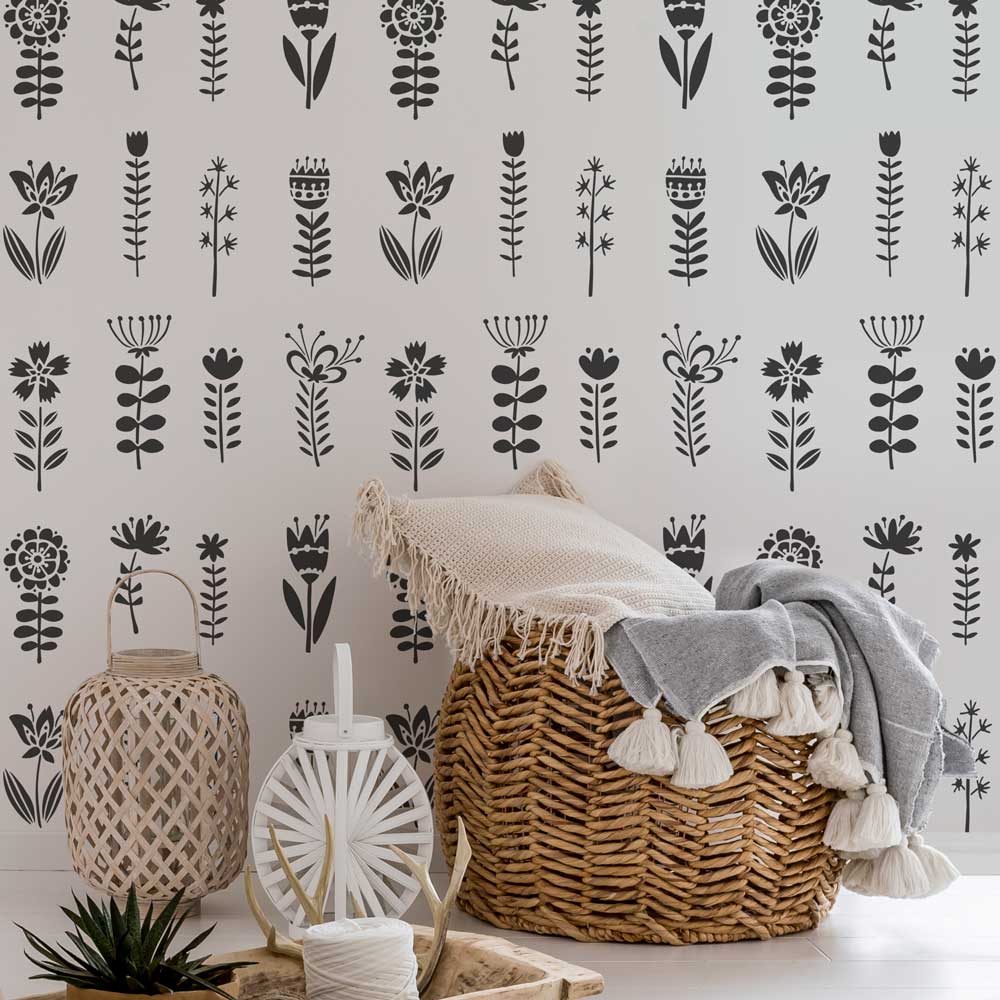 folk flowers allover stencil black and white wall wicker basket