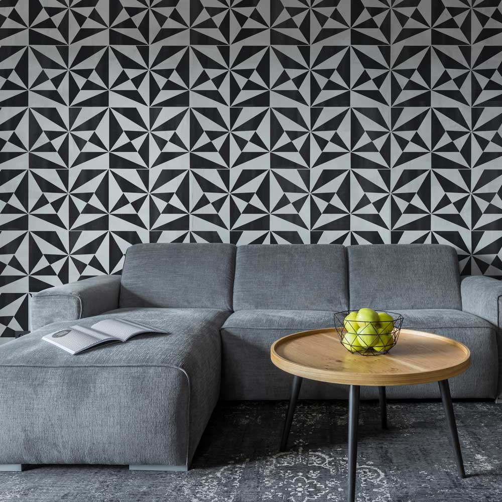 Living room black and white stenciled wall