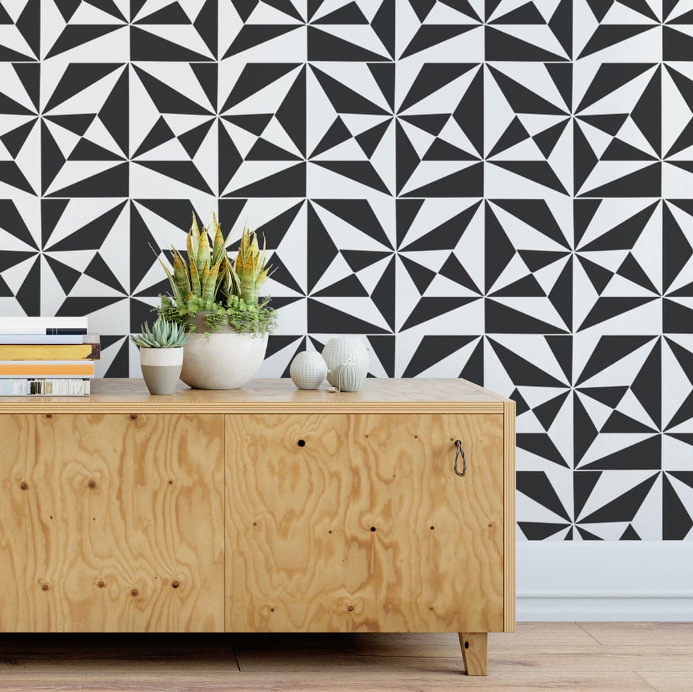 Black and white geometric stencil fractal wall