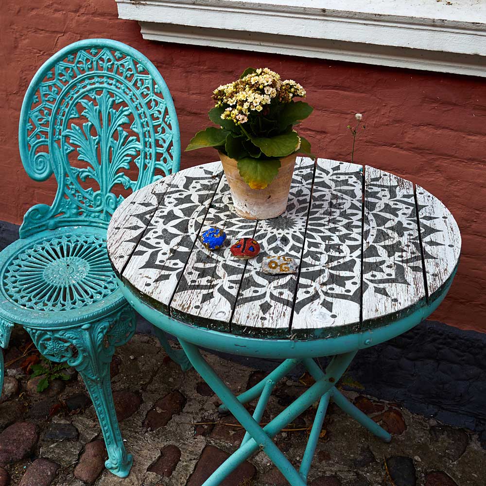 stenciled table mandala on wood