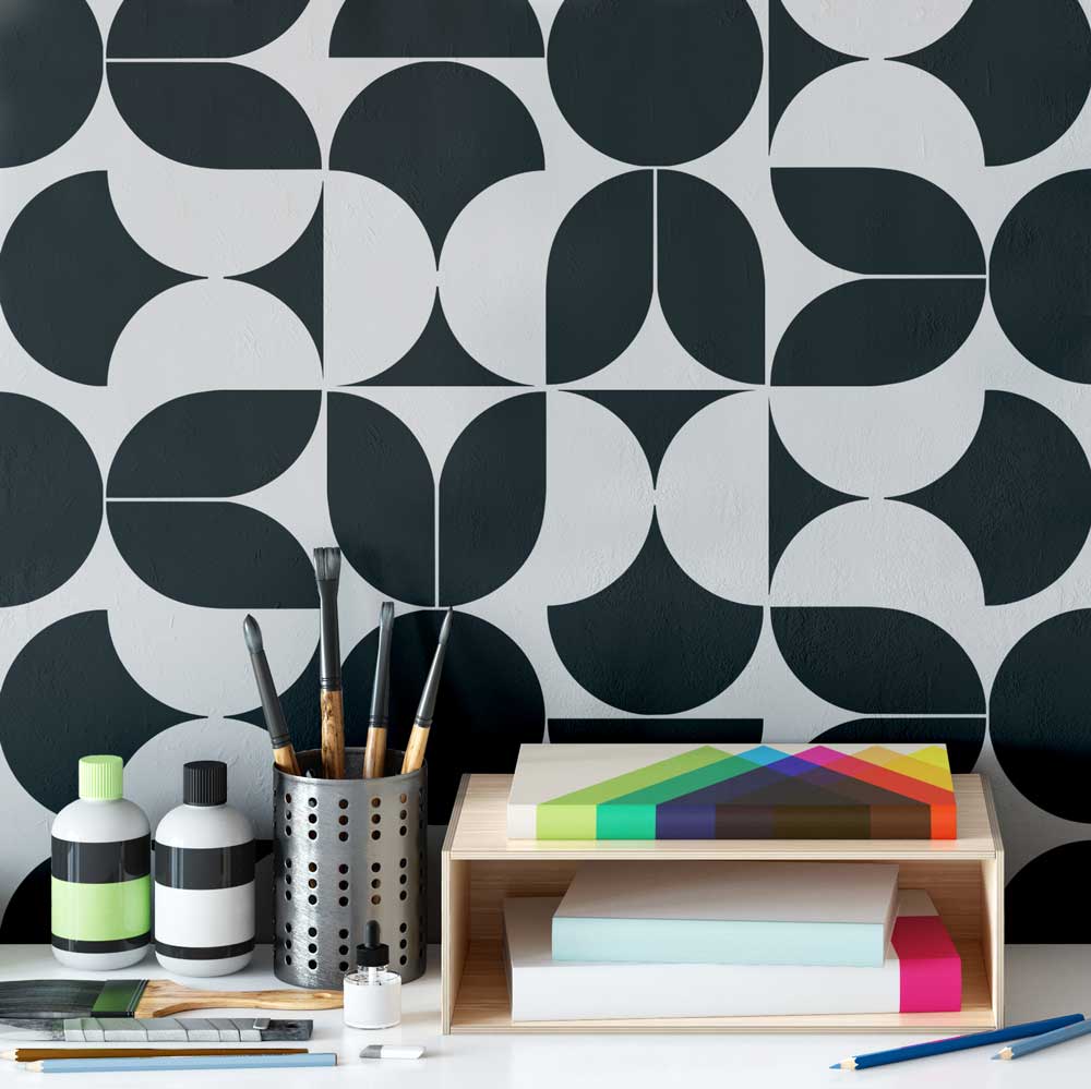 Geo abstract tile stencil wall design office space mod pattern