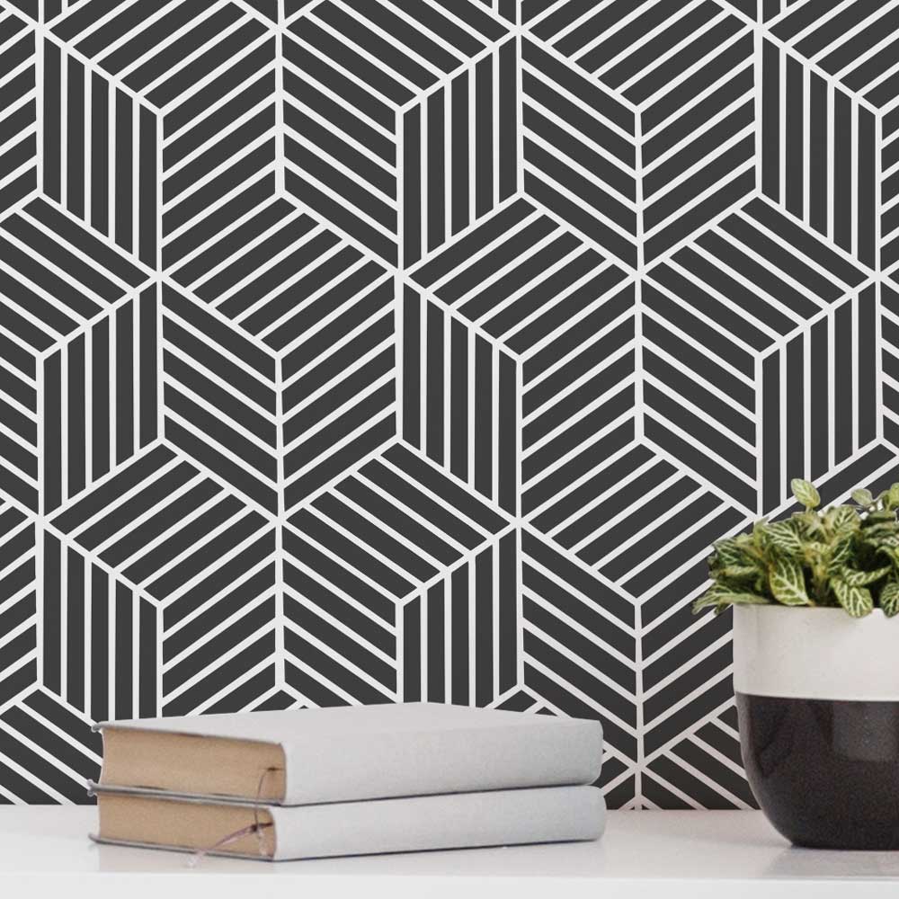 black and white modern stencil living room wall