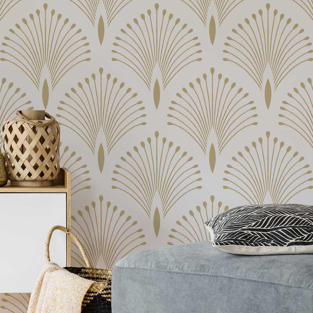 golden plumes wall stencil neutral living room 