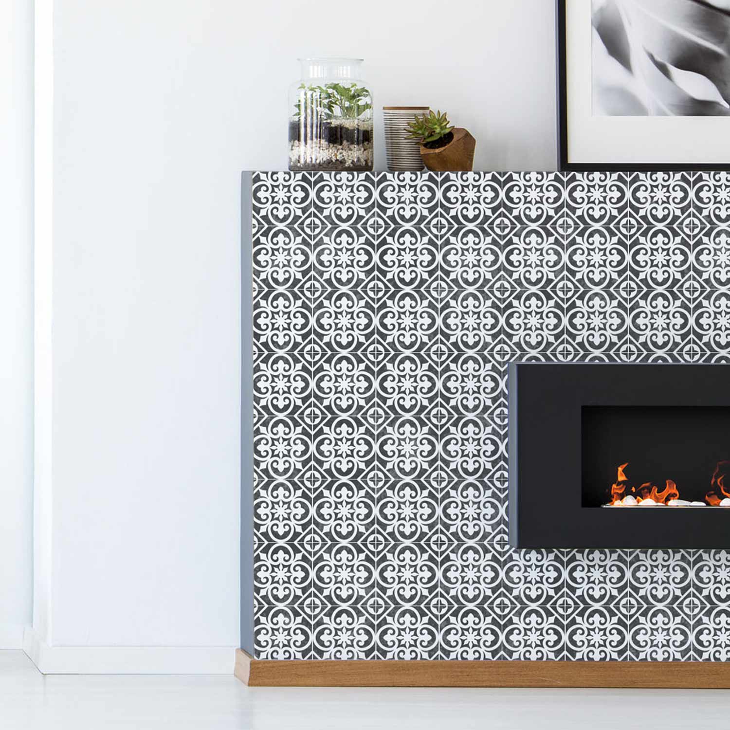 stenciled tile fireplace