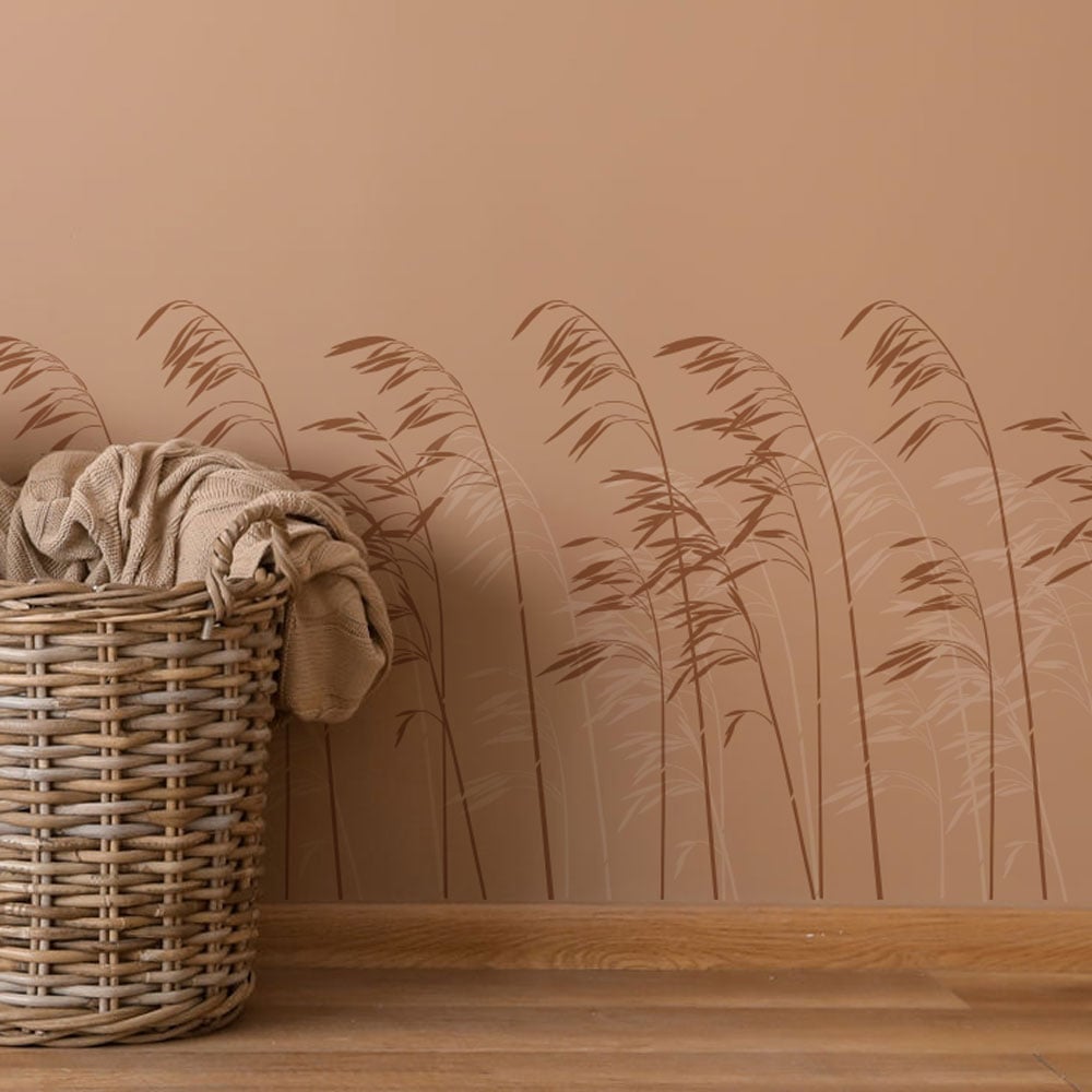 Grassland wall stencil terra cotta wall color wicker basket neutral walls