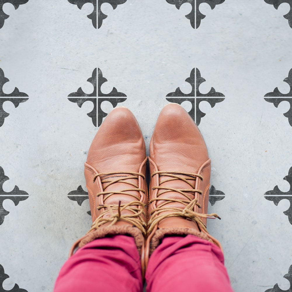 black and white cement tile stencil floor