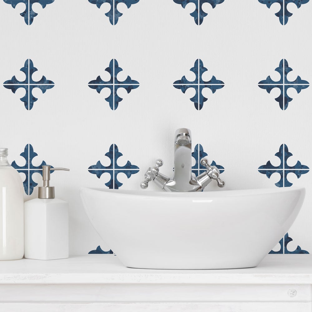 blue and white halifax tile stencil bathroom floor