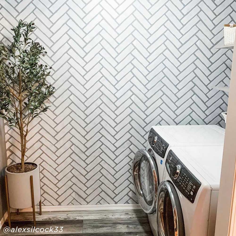 herringbone brick stenciled laundry room