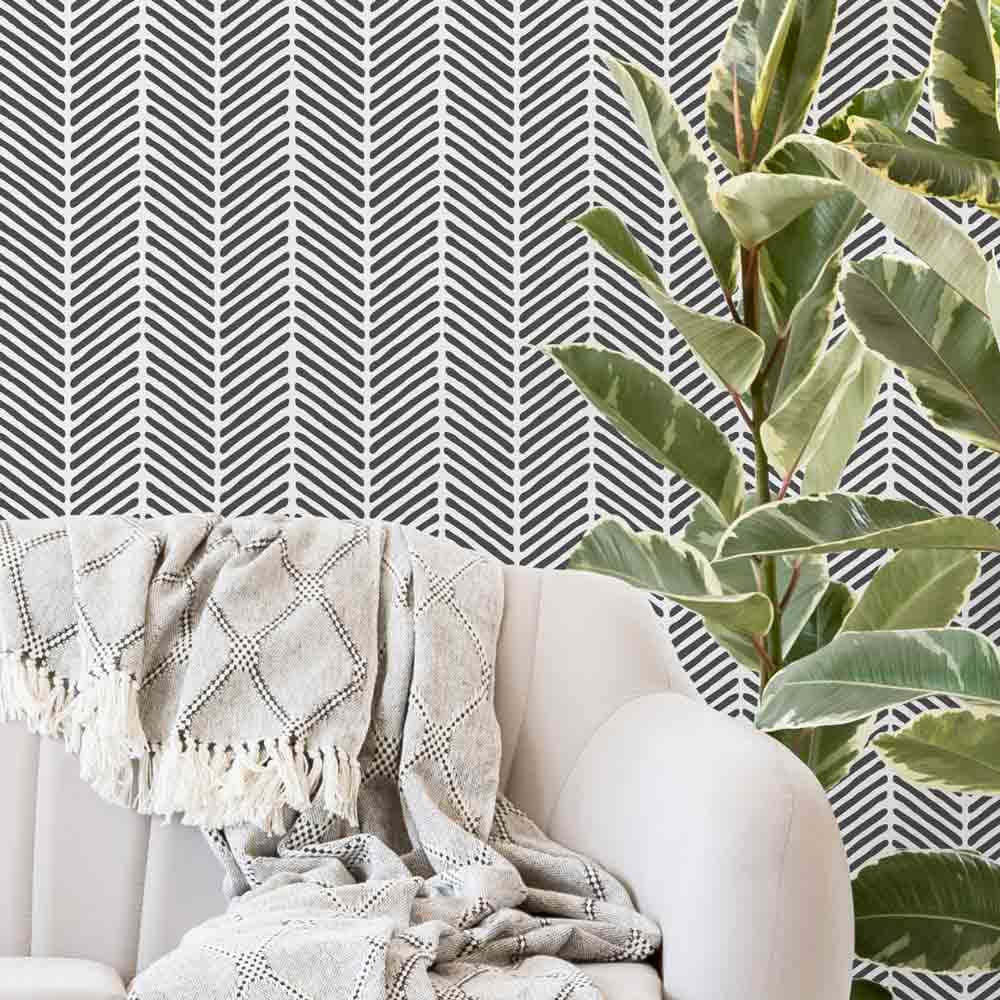 herringbone stitch wall stencil pattern in black and white