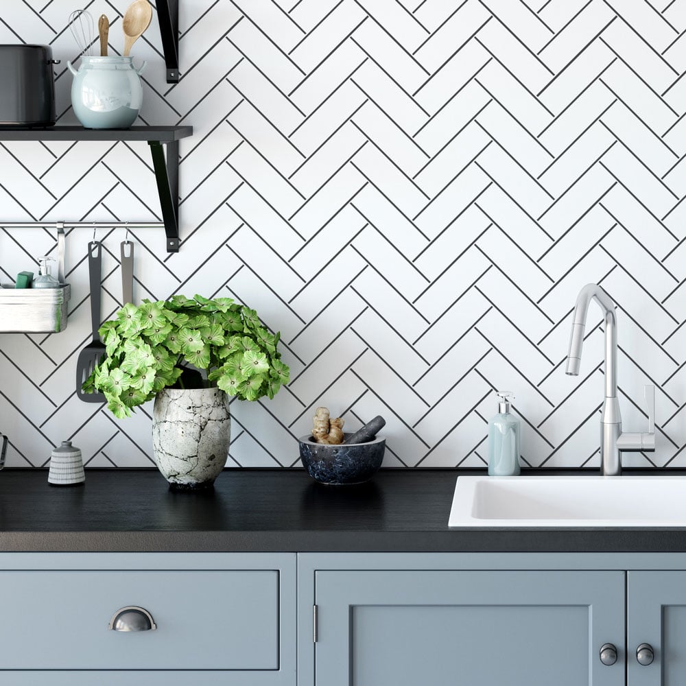 black and white kitchen subway herringbone