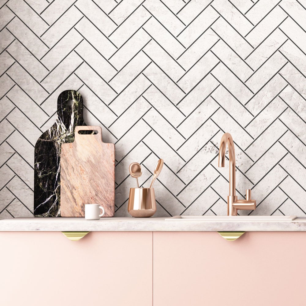 stone affect herringbone pink kitchen