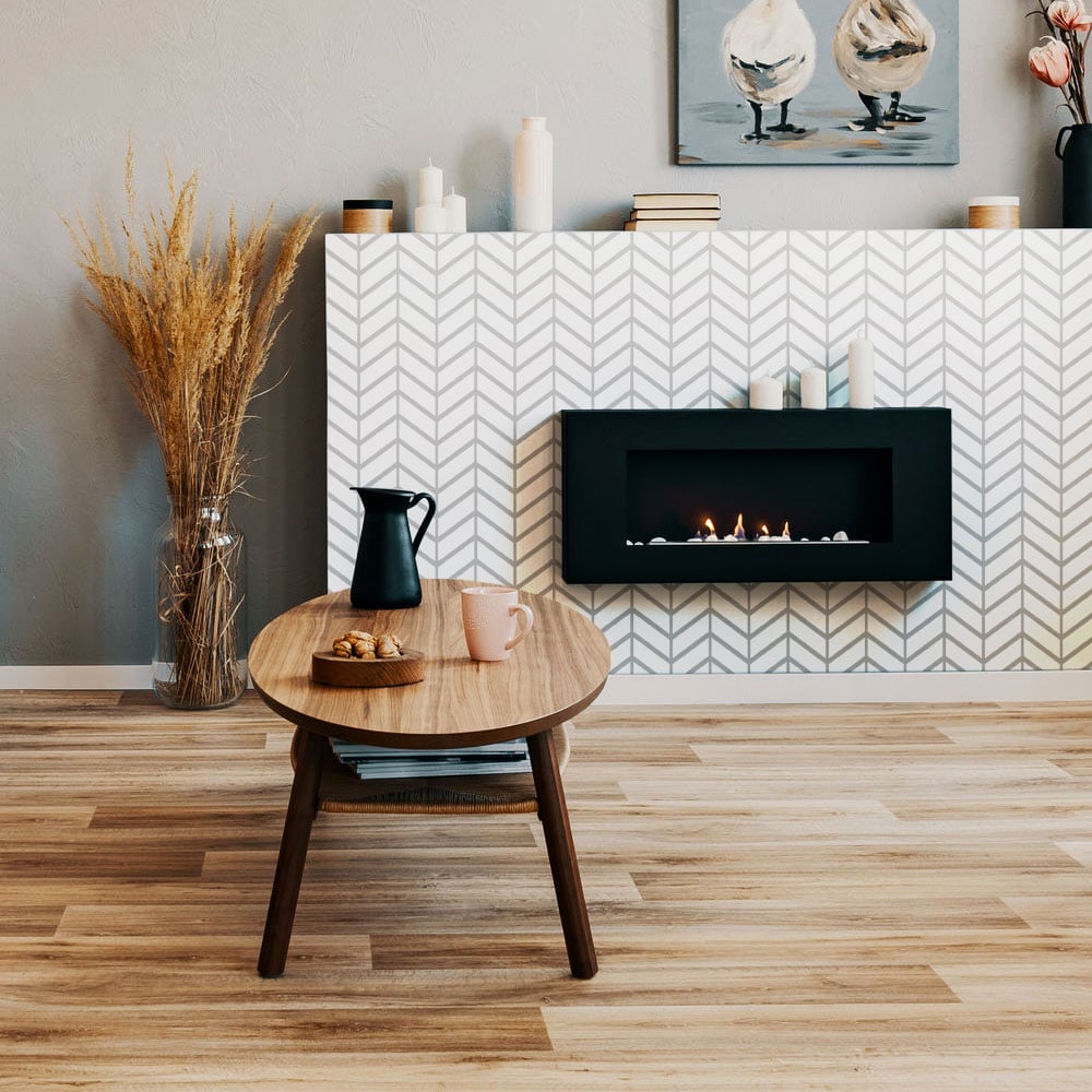 herringbone stencil for modern fireplace