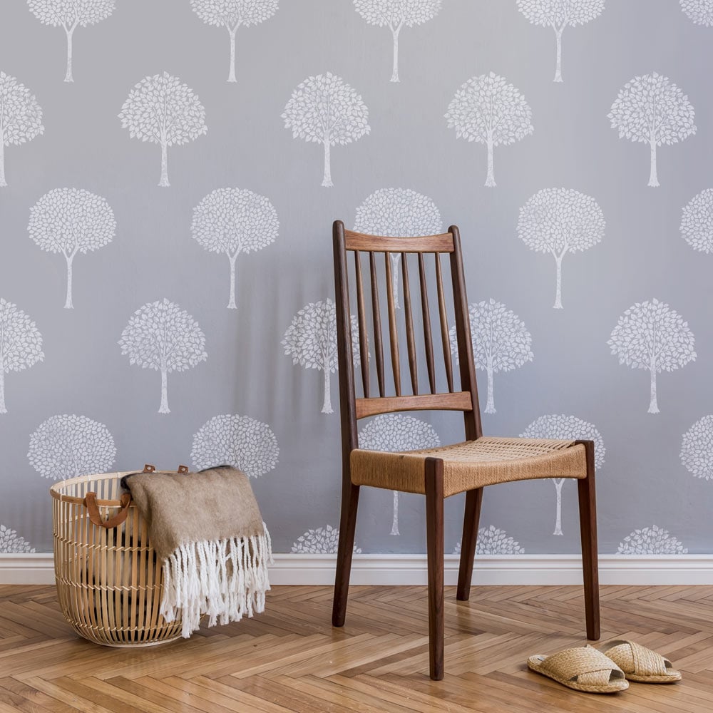 neutral homestead trees stencils wall grey and white