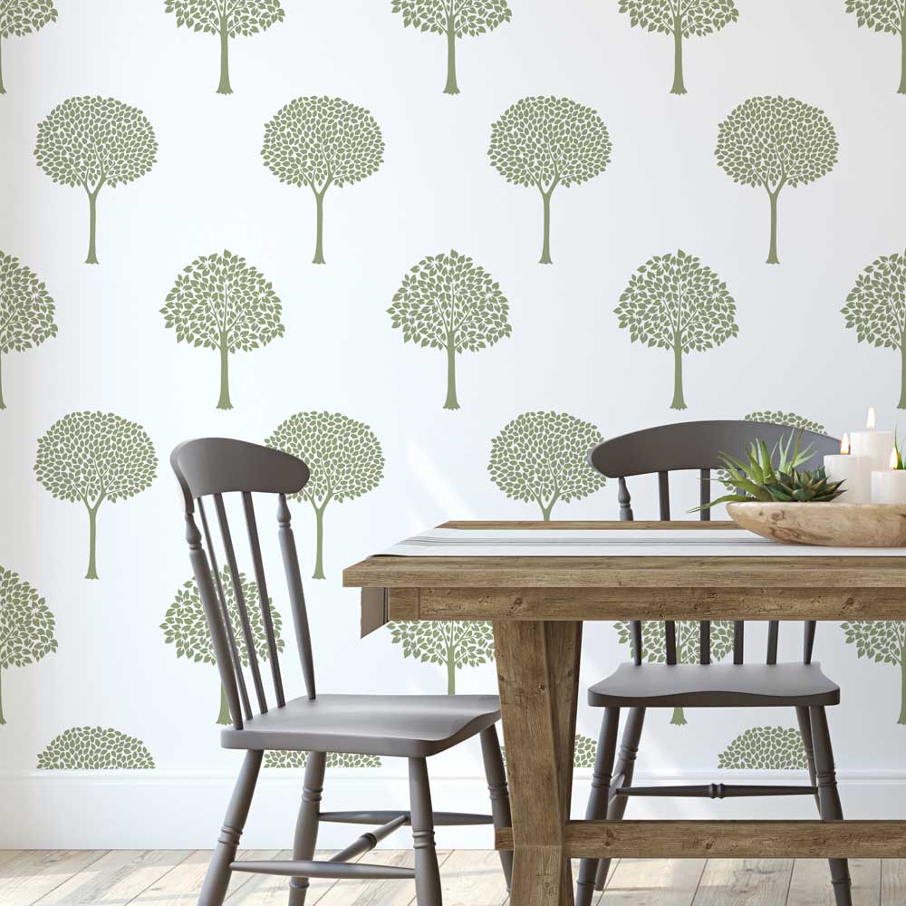 green homestead trees stencil wallpaper dining room wall