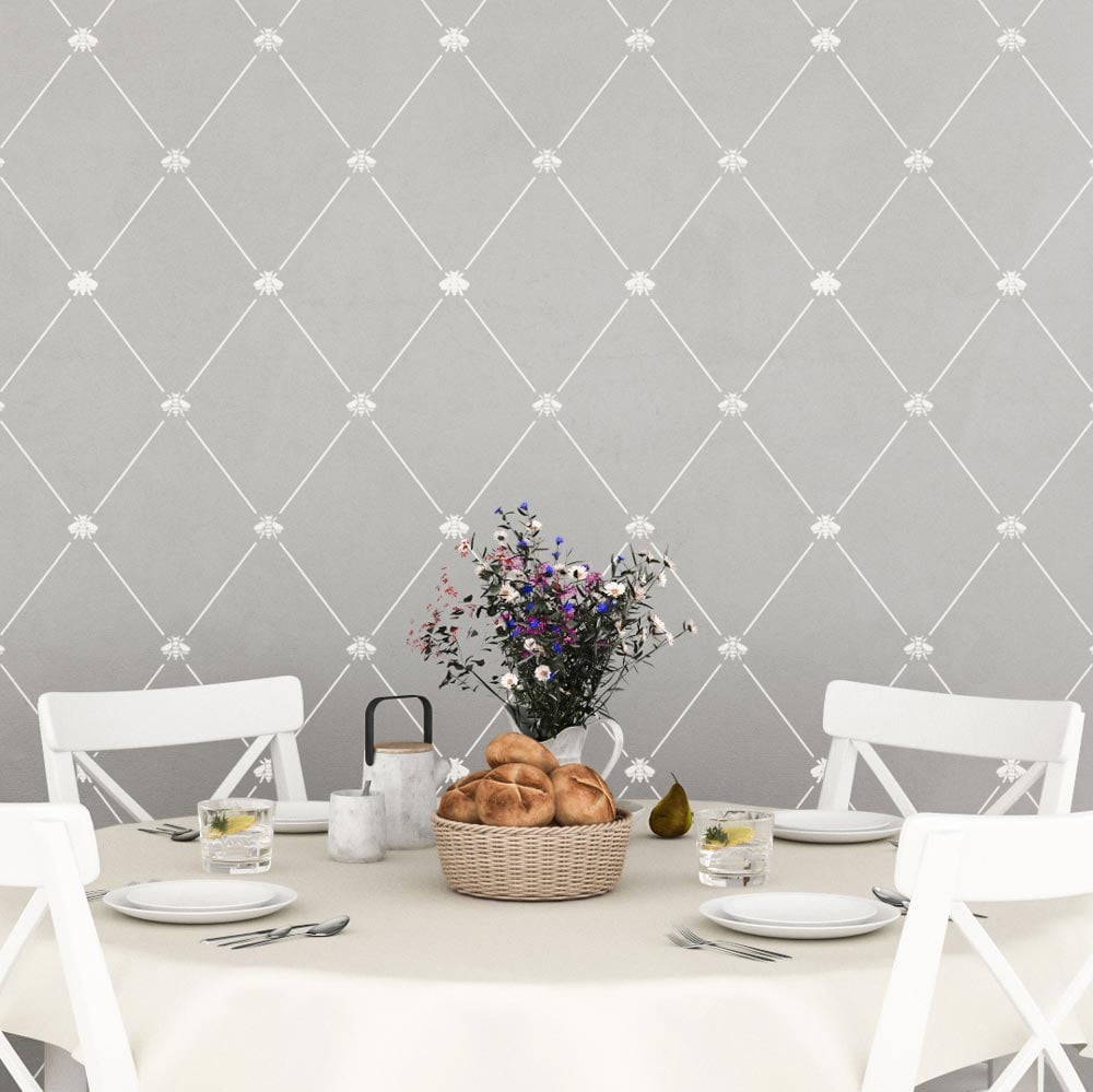 honeybee trellis wall stencil pattern on kitchen accent wall