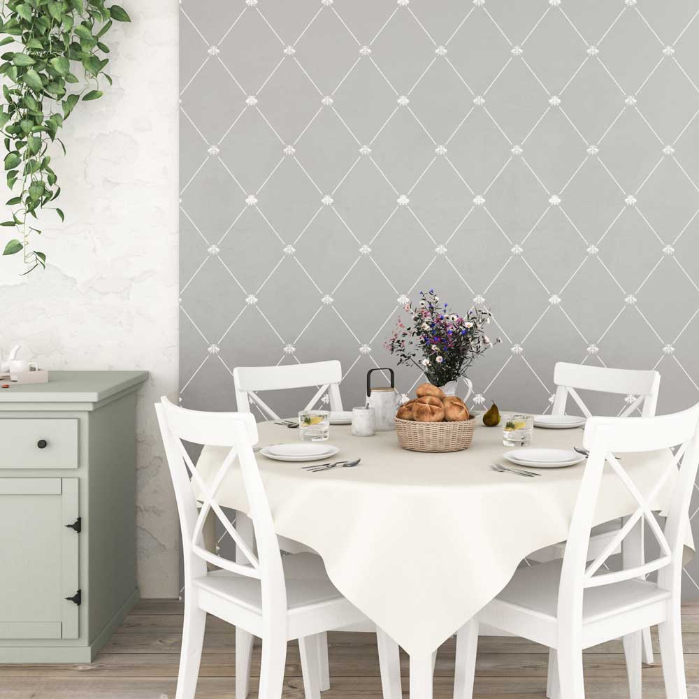 honeybee trellis stencil pattern on kitchen accent wall