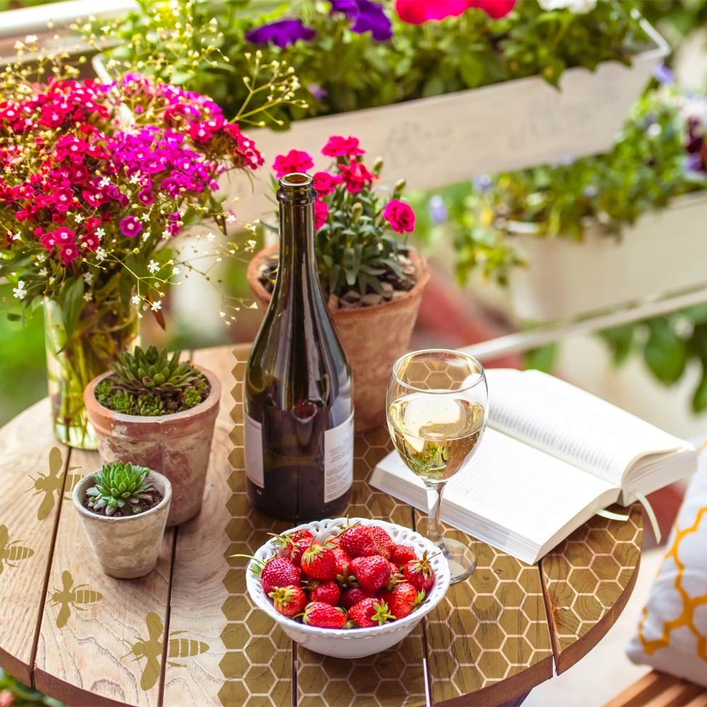 honeybee stenciled table