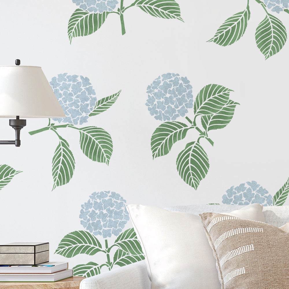 blue hydrangea stencils living room white couch