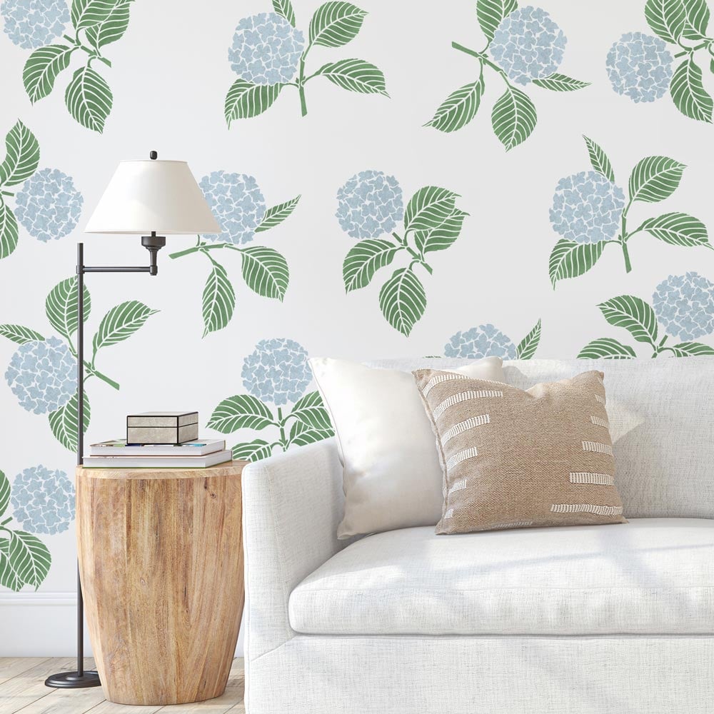 blue hydrangea stencils living room white couch