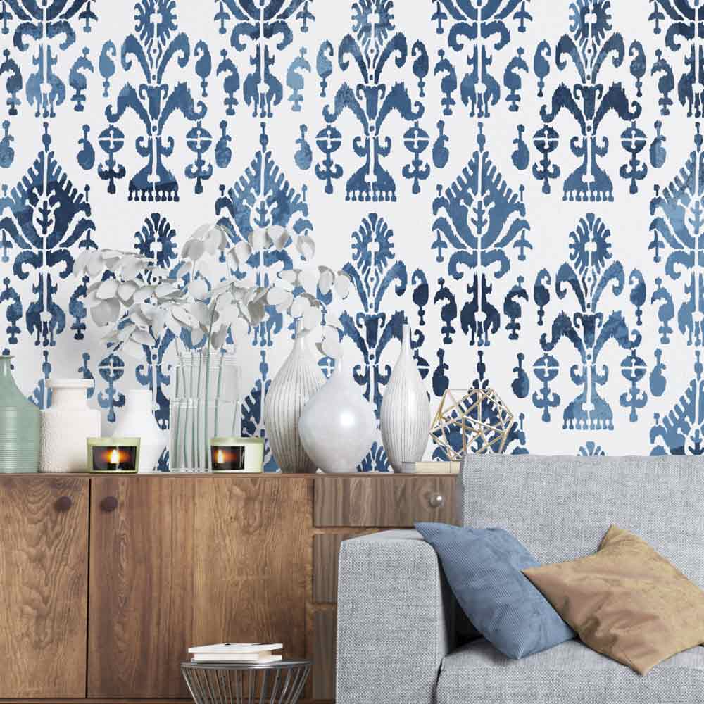 ikat samarkand wall stencil in blue