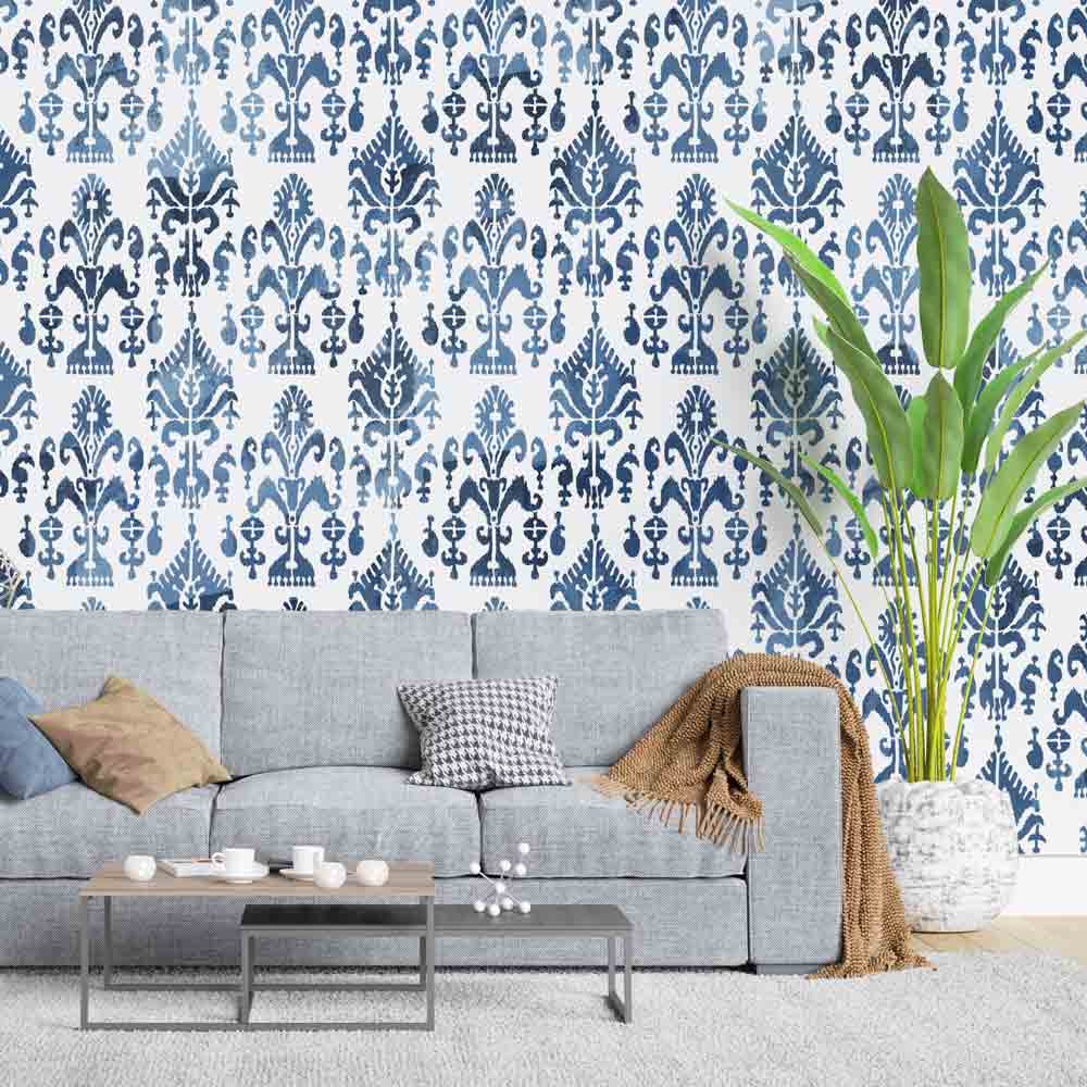 ikat samarkand wall stencil pattern behind couch and plant