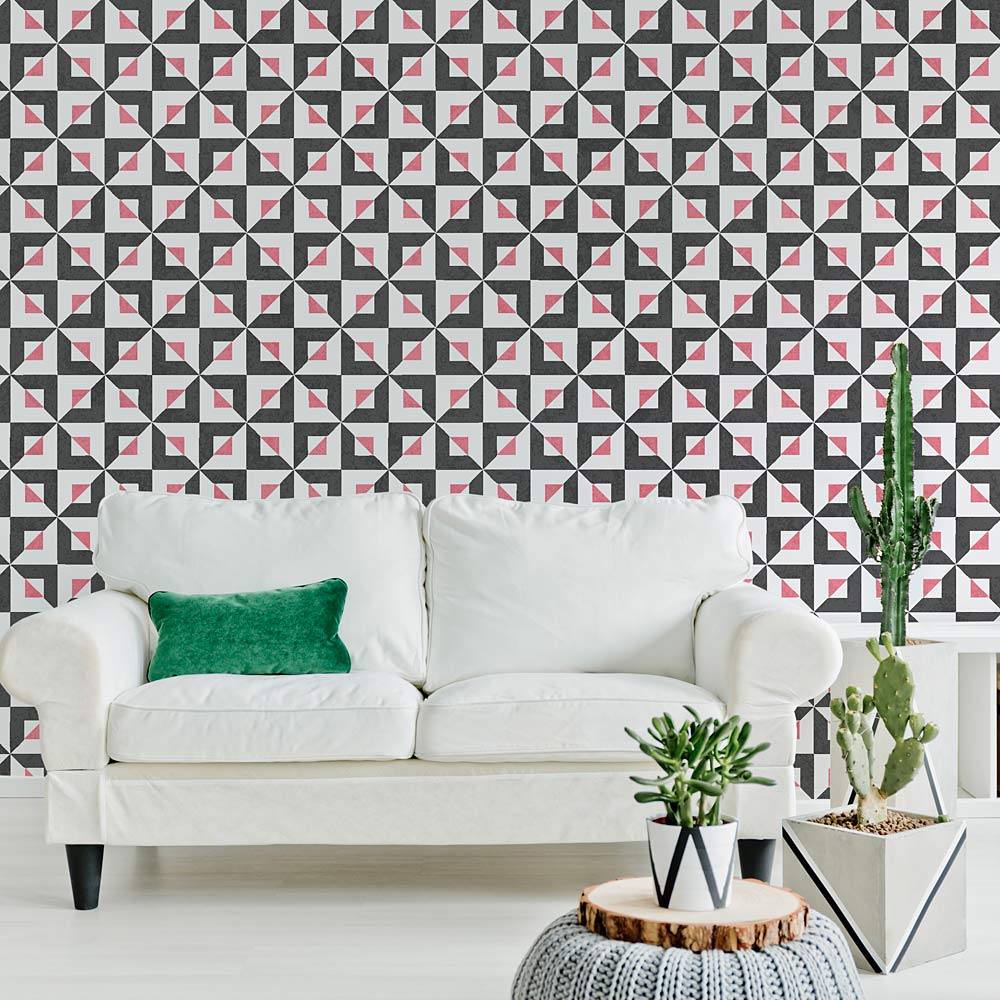 Inverted Stencil Allover Painted Wall Pattern geometric living room couch cactus succulent