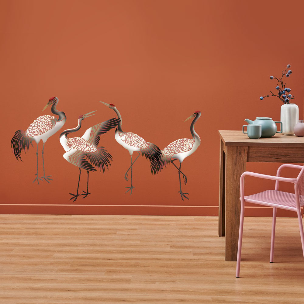 asian cranes wallpaper stencils on wall