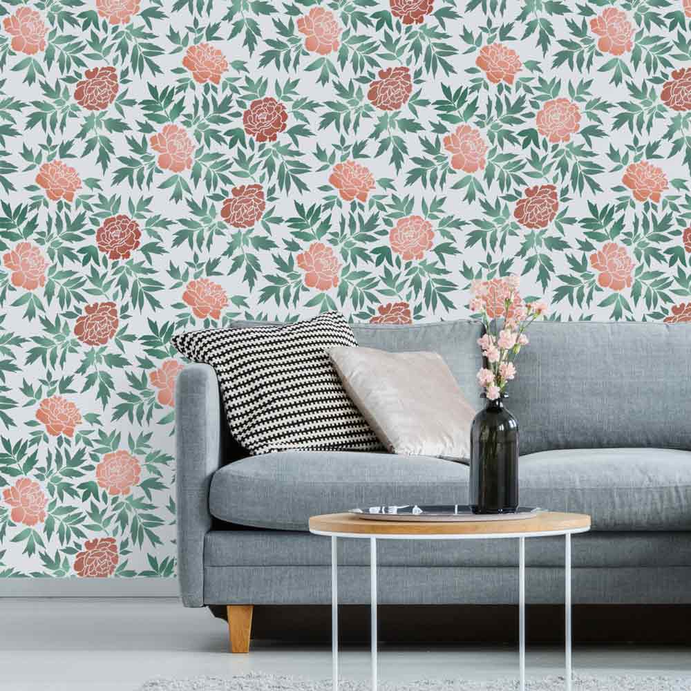 japanese peonies floral wall stencil pattern on accent wall