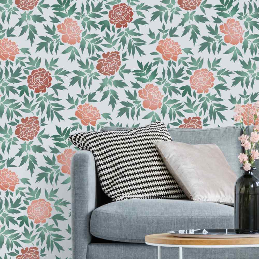 japanese peony floral wall stencil pattern behind couch