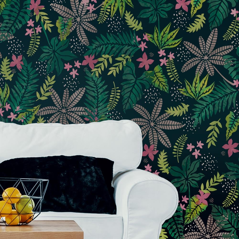 dark stenciled jungle vibes living room wall