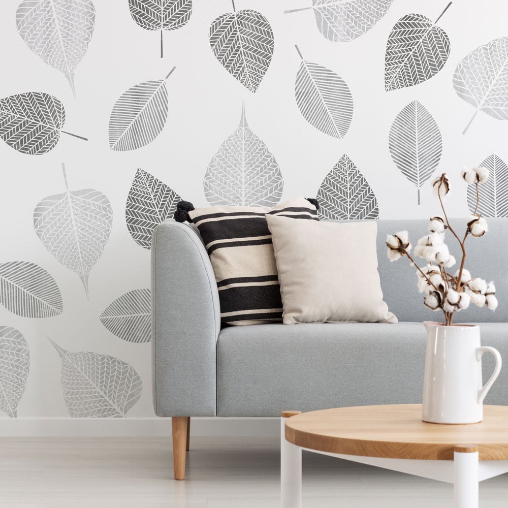 grey and white lacy leaf wall stencil living room