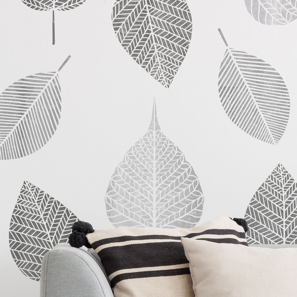 grey and white lacy leaf wall stencil living room