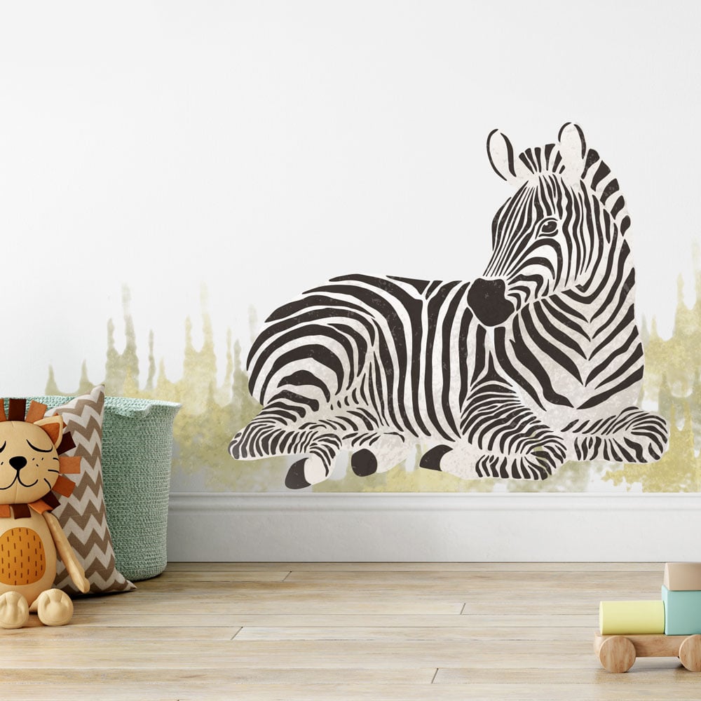 zebra wall art stencil kids room green grass wood floor