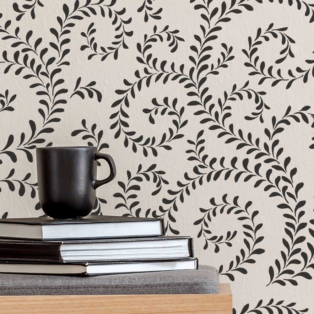 bedroom black leafy scroll stencils