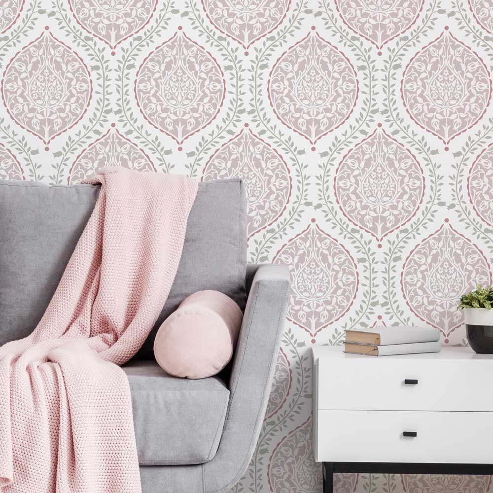 pink leila wall stencil grey couch room