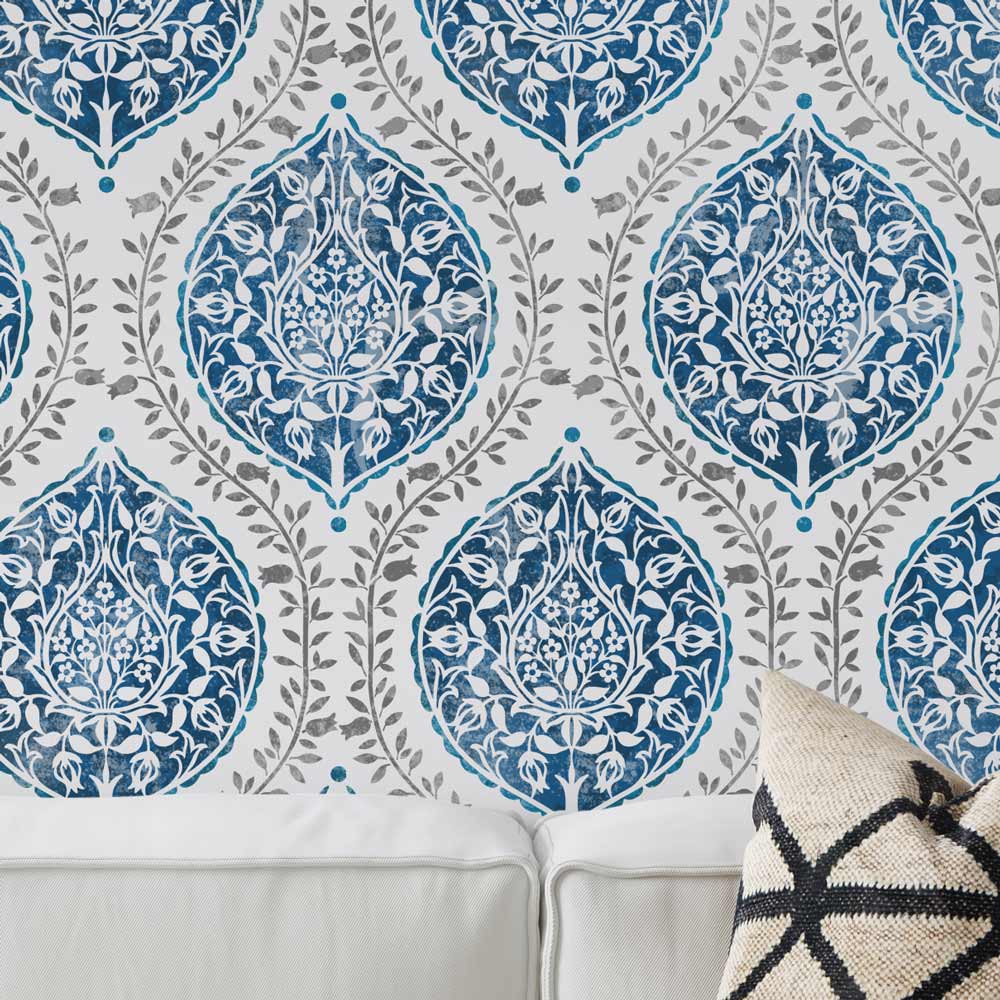 leila wall stencil blue living room wall