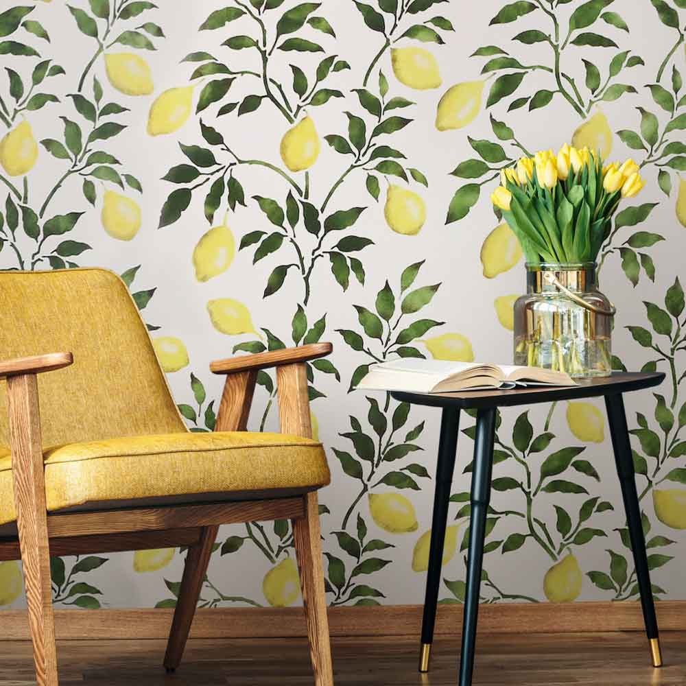 lemon wall stencil pattern with yellow chair