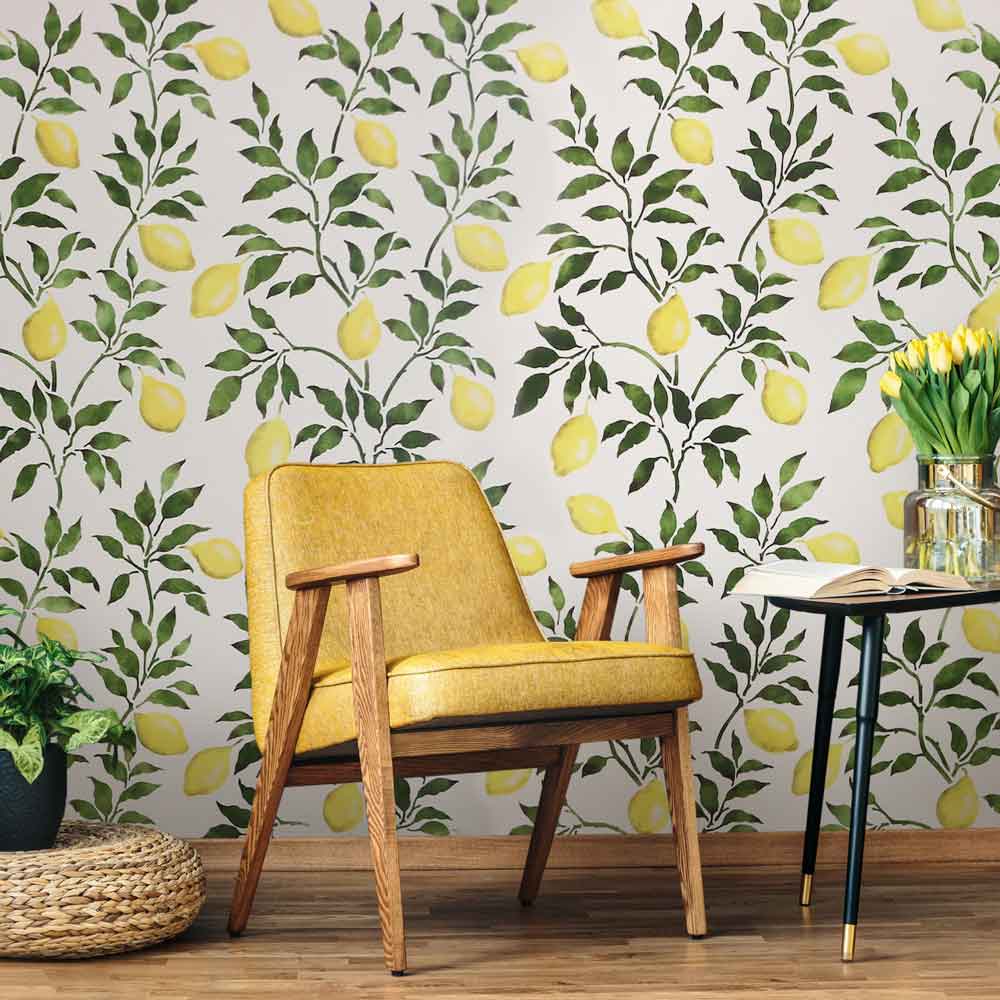 lemon wall stencil pattern on living room accent wall