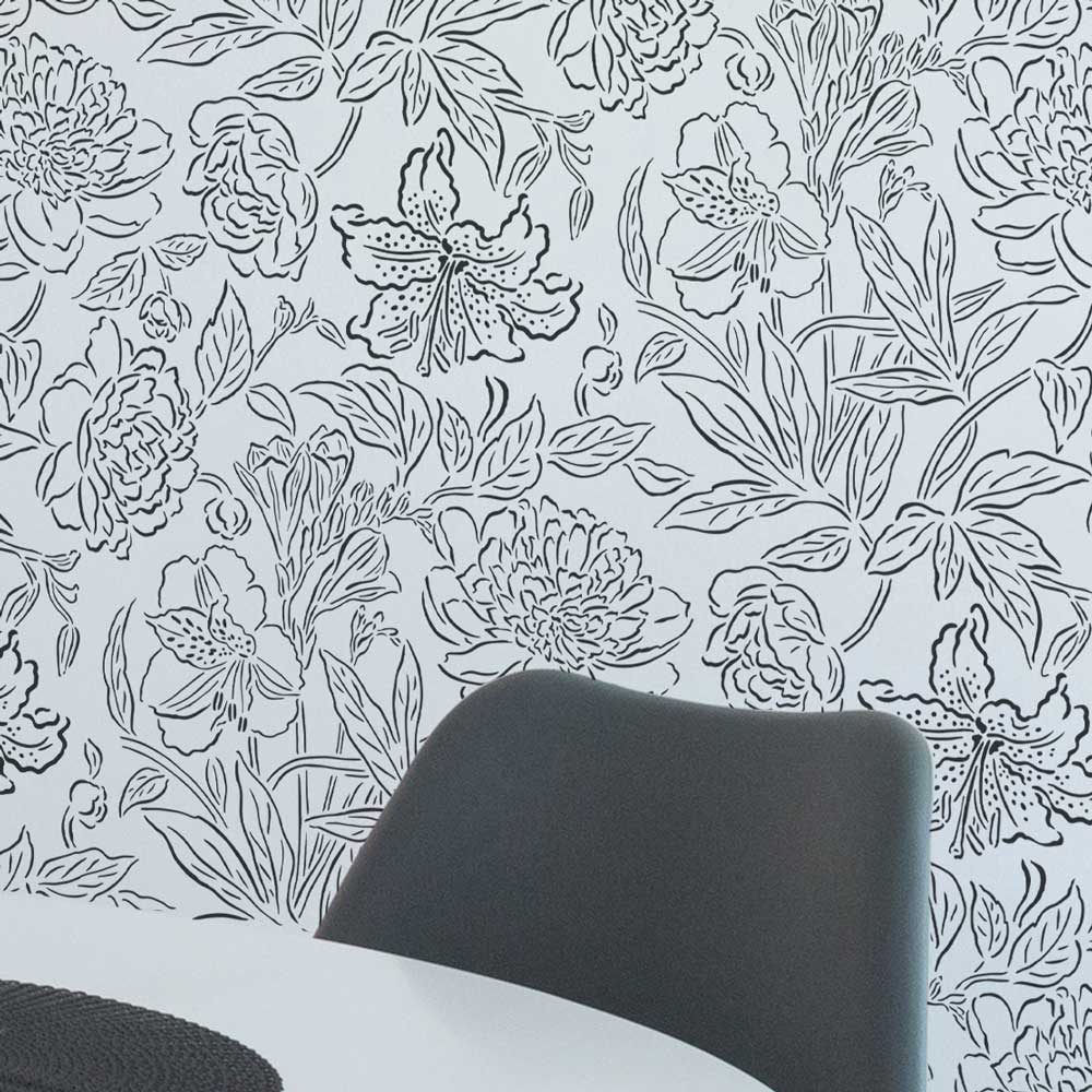 black and white line art flowers wall stencil floral botanical stencil