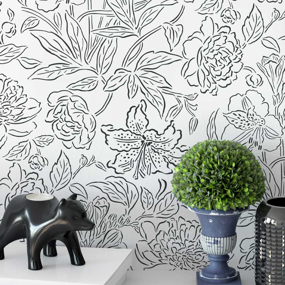 black and white line art flowers wall stencil floral botanical stencil