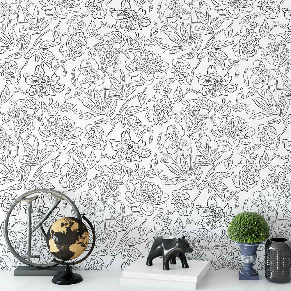 black and white line art flowers wall stencil floral botanical stencil