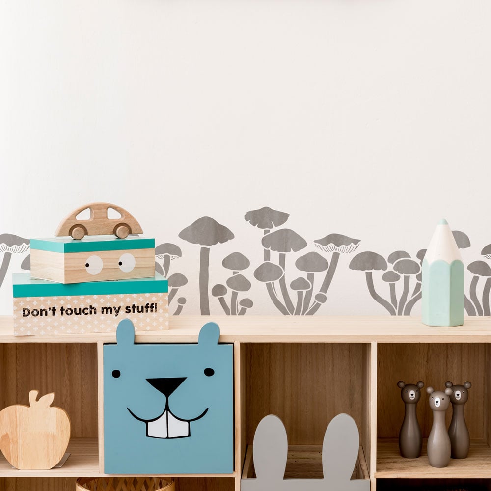 grey mushroom border stencil playroom wall