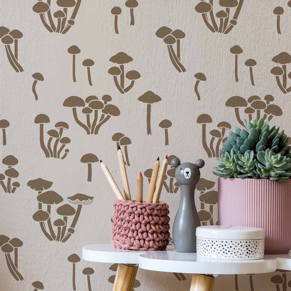 brown stenciled mushroom wall kids room