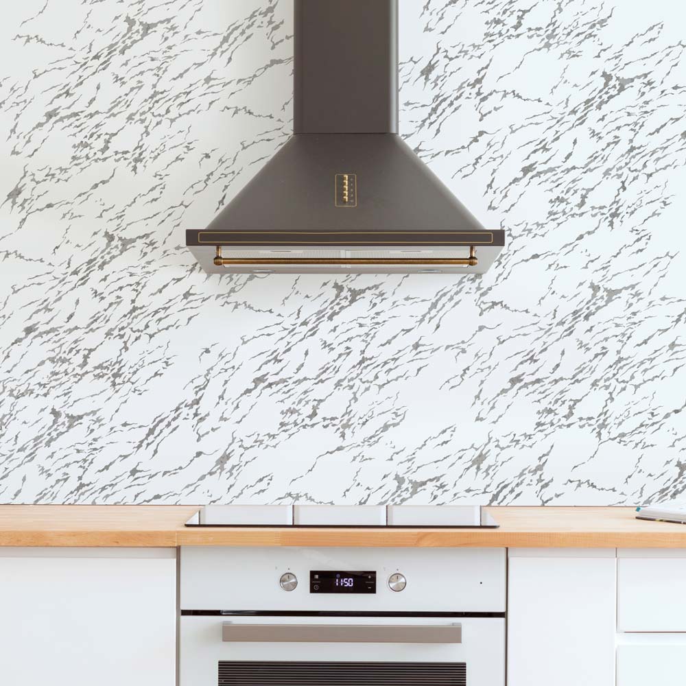 grey and white stenciled kitchen wall