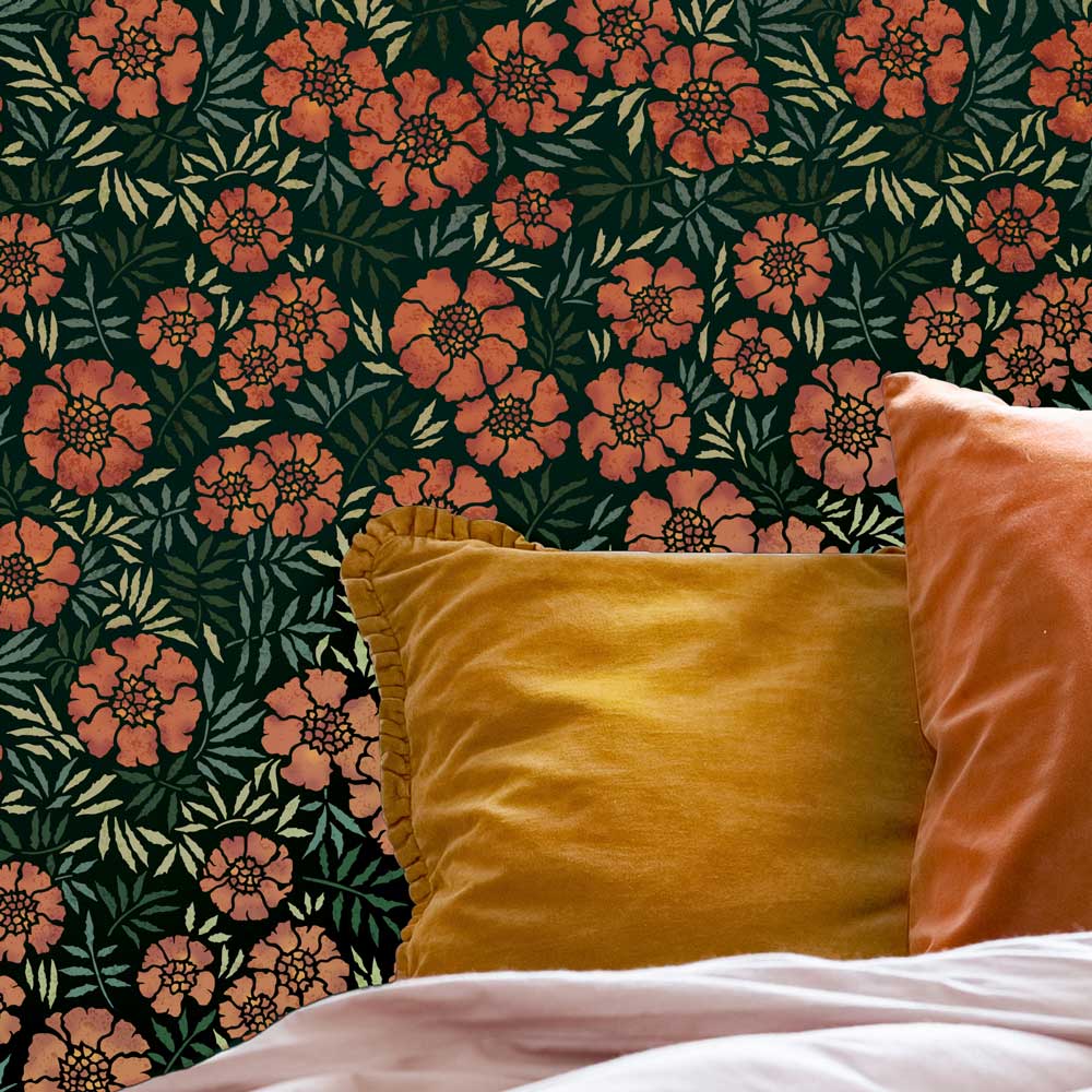 dark wall stencil marigold yellow orange pillow bedroom