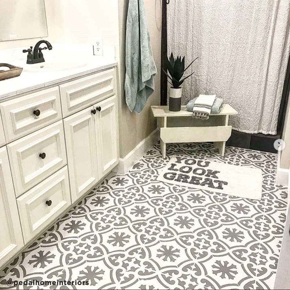 stenciled bath tile floor