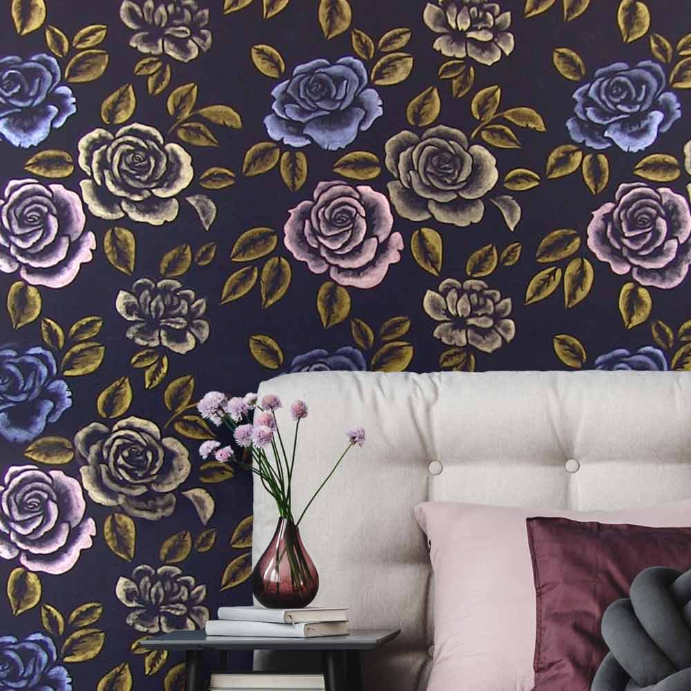 midnight rose wall stencil floral pattern in bedroom