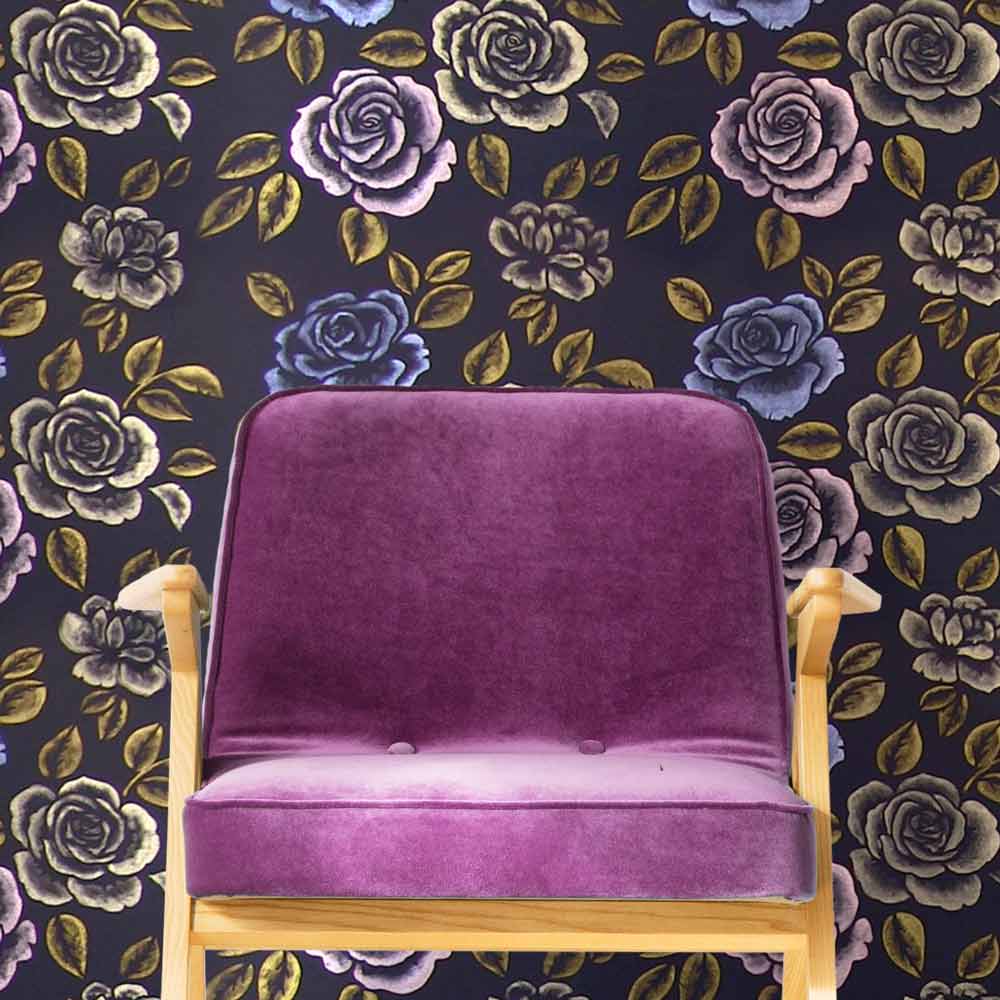 midnight rose wall stencil floral pattern and purple chair