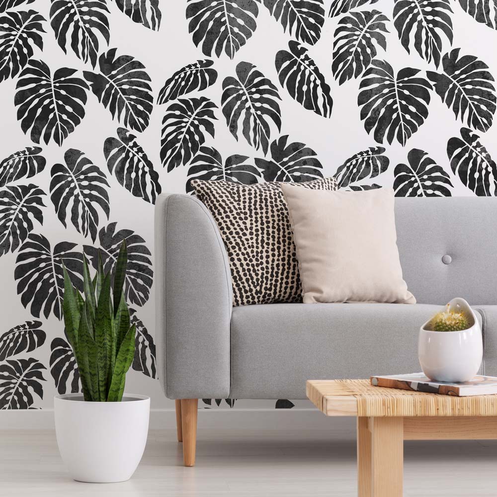 monstera wall stencil stenciled wall