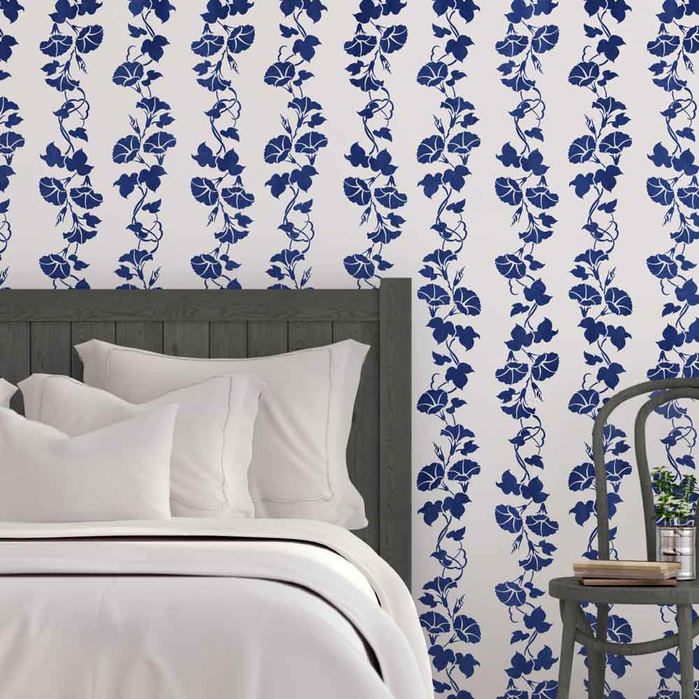 morning glory floral wall stencil pattern on bedroom accent wall